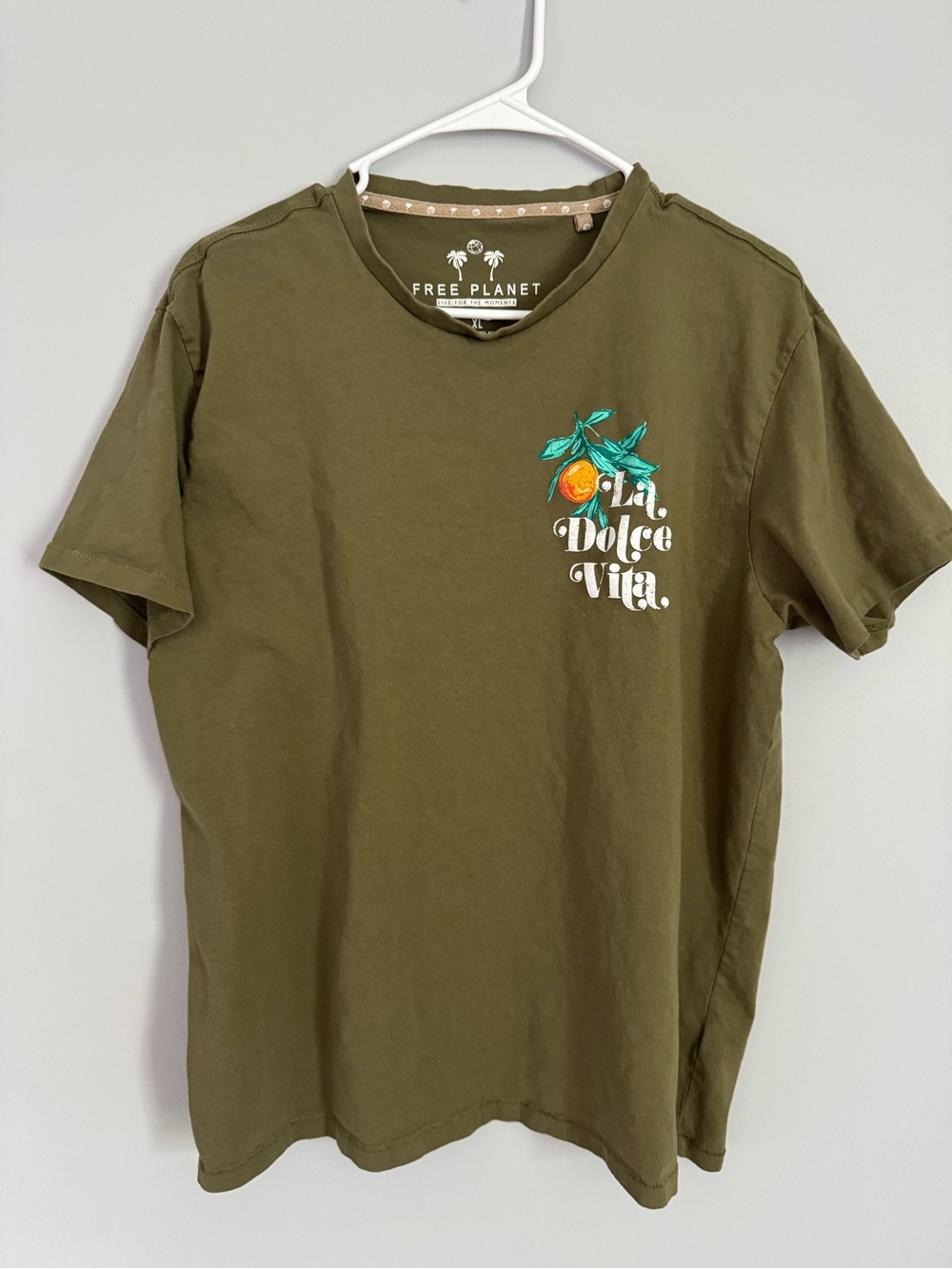 Free Planet Olive Graphic Tee with Orange Accent
